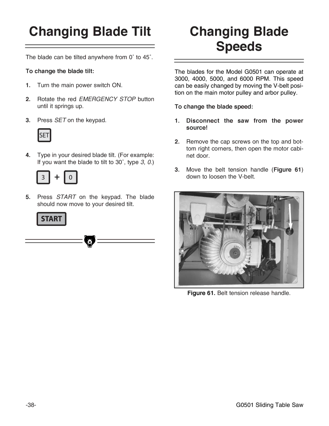 Grizzly G0501 instruction manual Changing Blade Tilt, Changing Blade Speeds, To change the blade tilt 