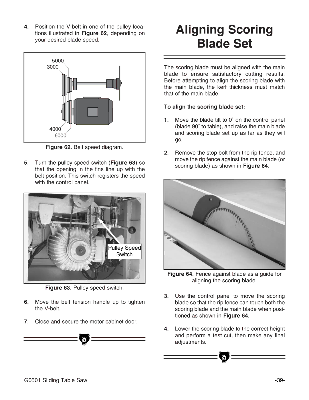 Grizzly G0501 instruction manual Aligning Scoring Blade Set, To align the scoring blade set 