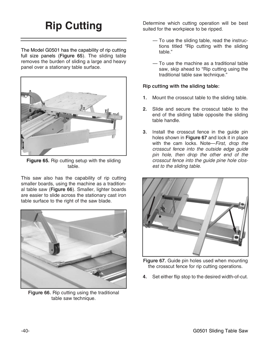 Grizzly G0501 instruction manual Rip Cutting, Rip cutting with the sliding table 