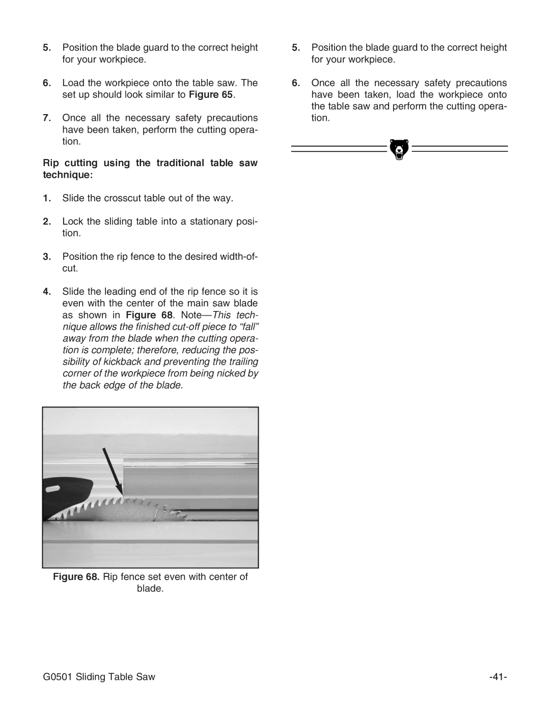 Grizzly G0501 instruction manual Rip cutting using the traditional table saw technique 