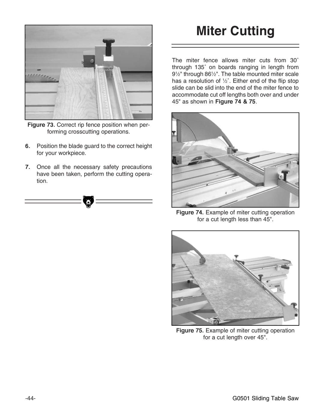 Grizzly G0501 instruction manual Miter Cutting 