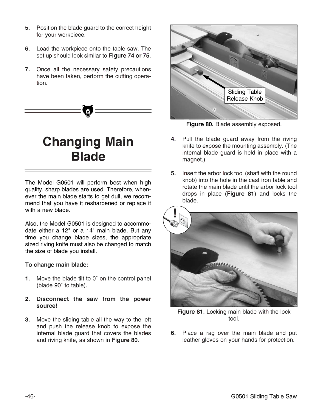 Grizzly G0501 instruction manual Changing Main Blade, To change main blade 