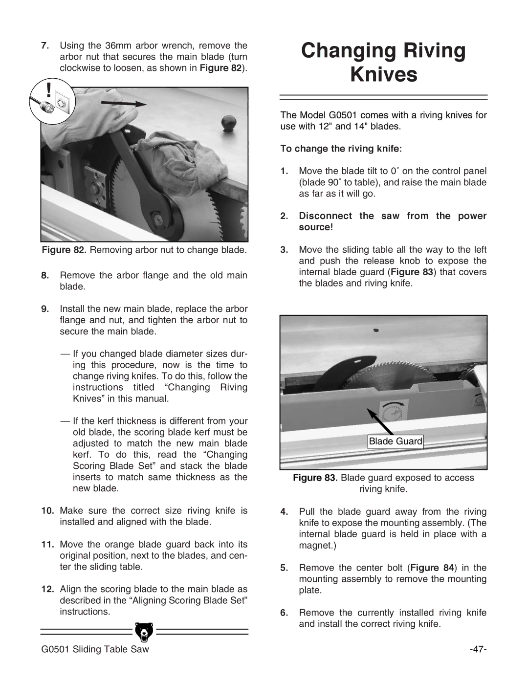 Grizzly G0501 instruction manual Changing Riving Knives, To change the riving knife 