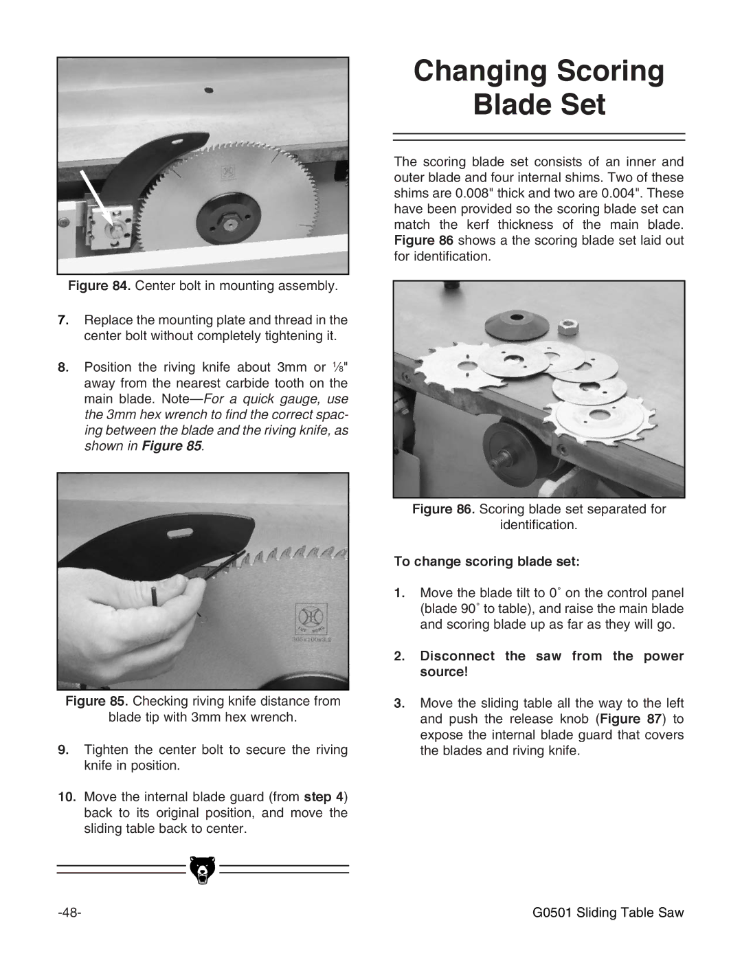 Grizzly G0501 instruction manual Changing Scoring Blade Set, To change scoring blade set 