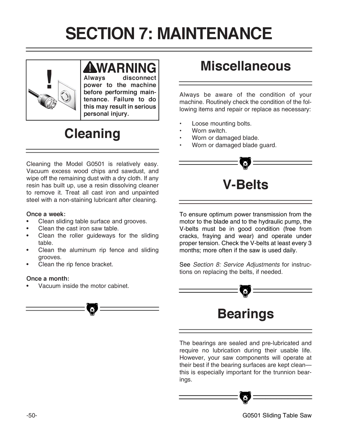 Grizzly G0501 instruction manual Maintenance, Cleaning, Miscellaneous, Belts, Bearings 