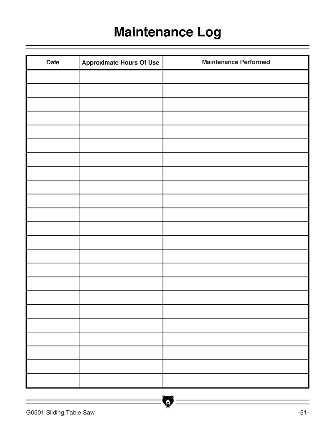 Grizzly G0501 instruction manual Maintenance Log, Date Approximate Hours Of Use Maintenance Performed 