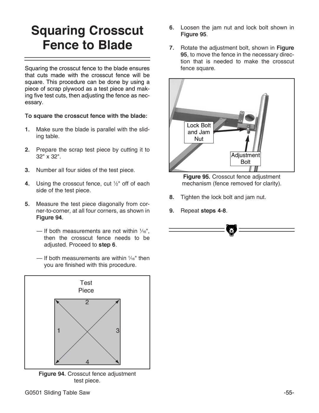 Grizzly G0501 Squaring Crosscut Fence to Blade, To square the crosscut fence with the blade, Repeat steps 