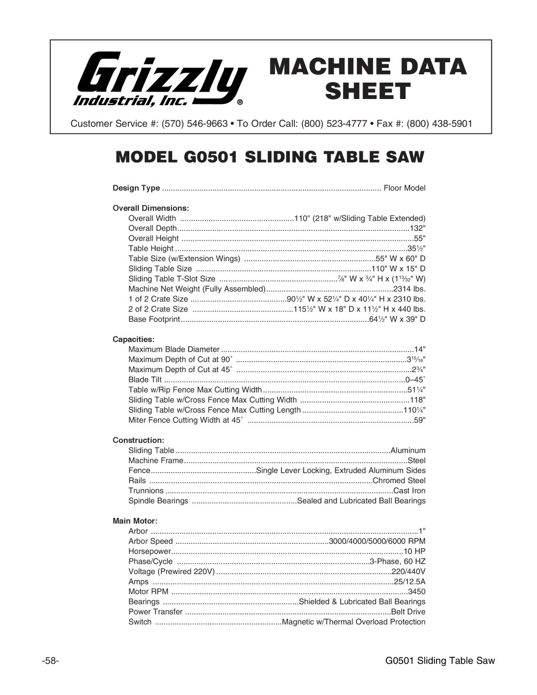 Grizzly G0501 instruction manual Machine Data Sheet 