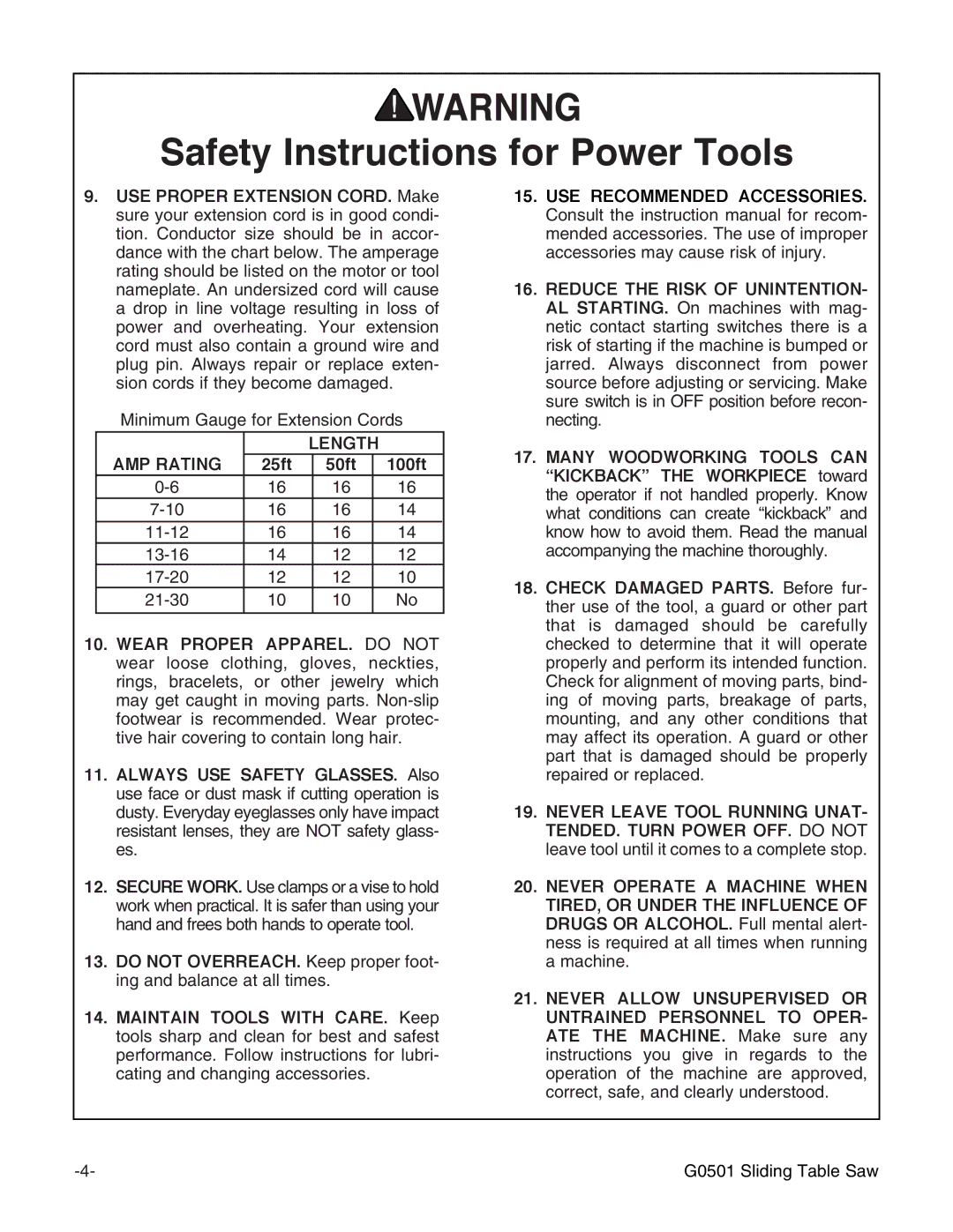 Grizzly G0501 instruction manual Length AMP Rating, 25ft 50ft 100ft 