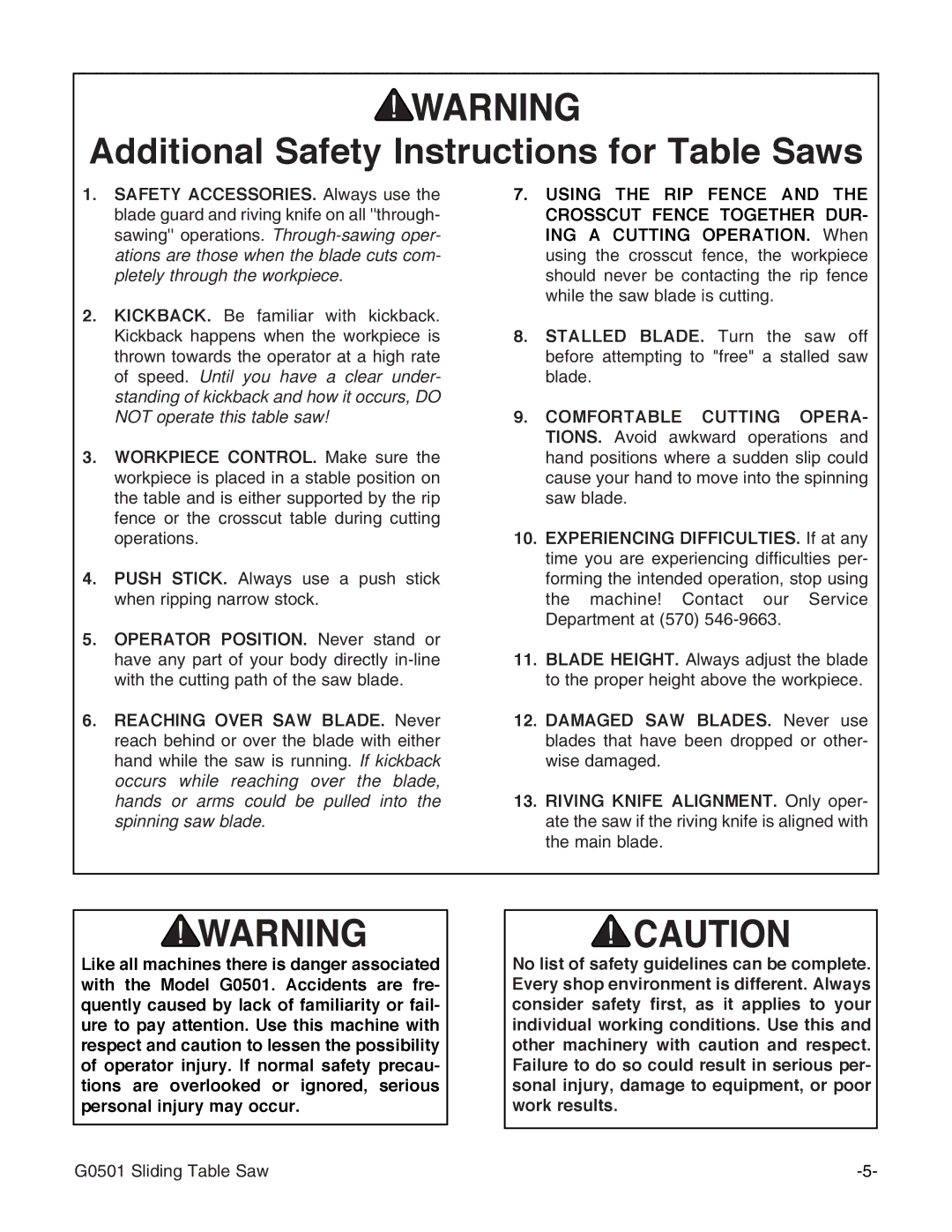 Grizzly G0501 instruction manual Additional Safety Instructions for Table Saws 