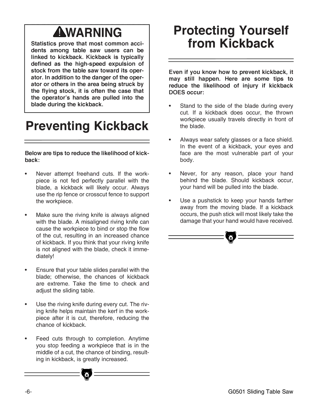 Grizzly G0501 instruction manual Preventing Kickback, Protecting Yourself From Kickback 