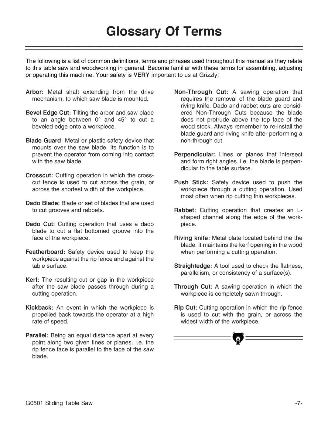 Grizzly G0501 instruction manual Glossary Of Terms 