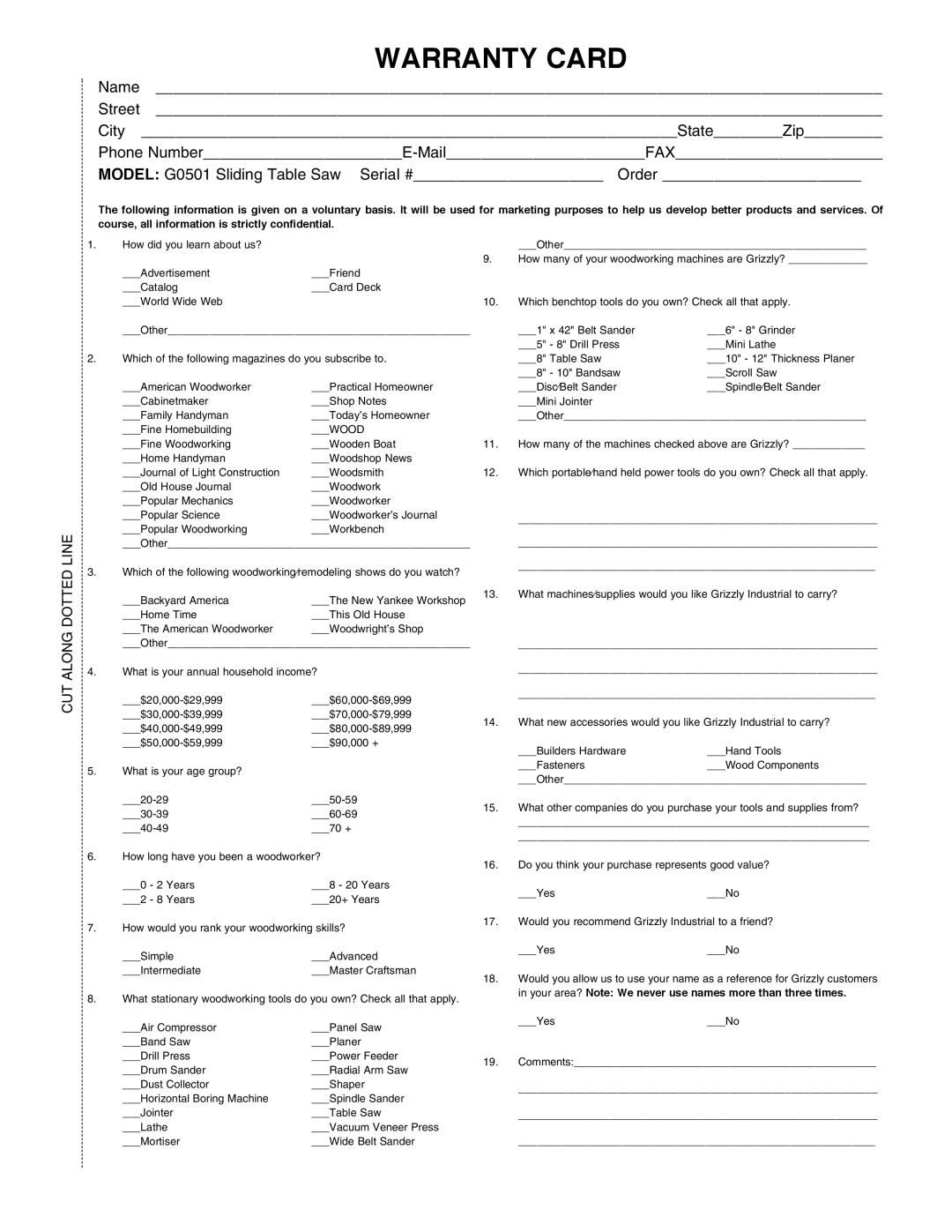 Grizzly G0501 instruction manual Warranty Card 