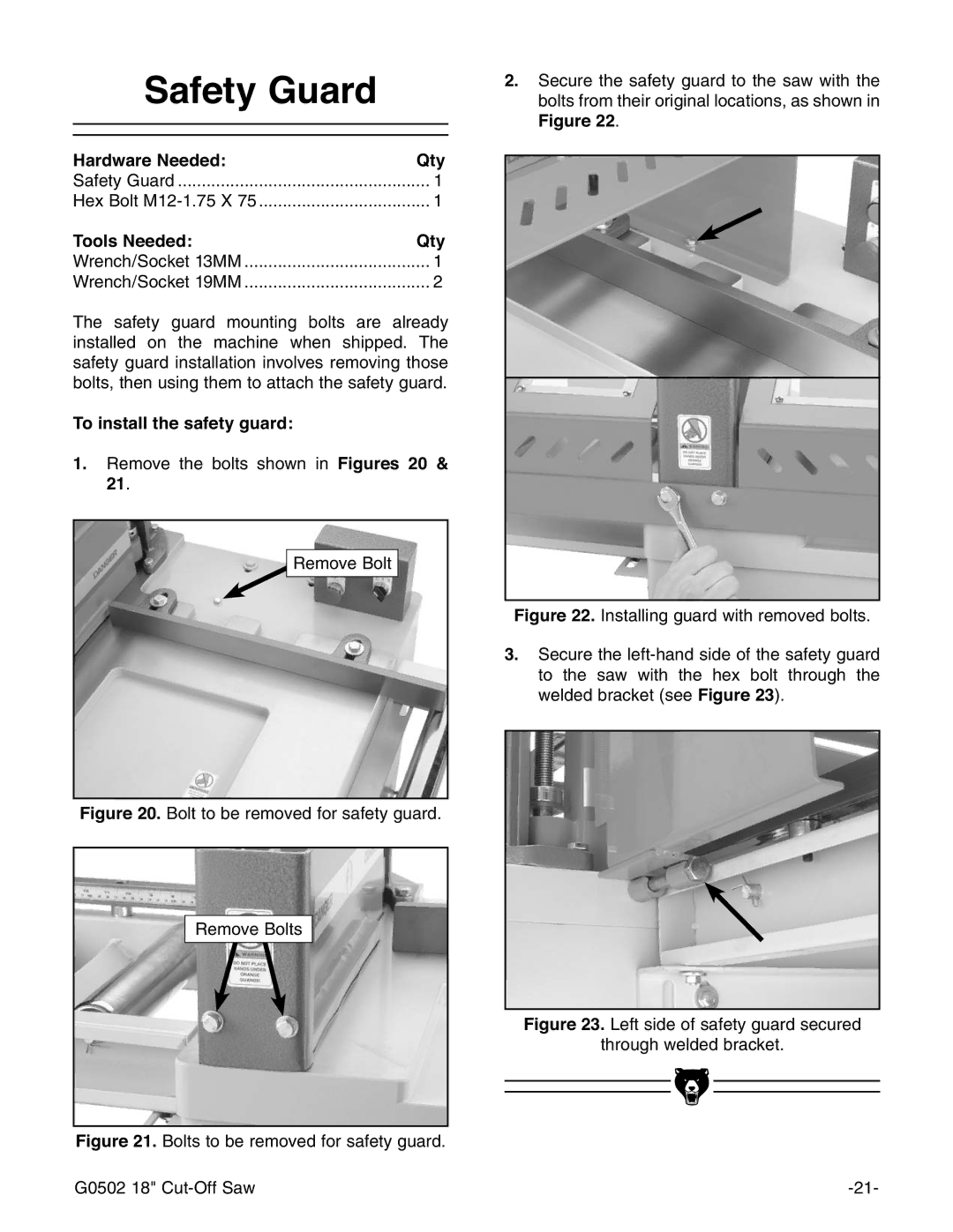 Grizzly G0502 manual 6DIHW\*XDUG, 7RLQVWDOOWKHVDIHW\JXDUG, GZbdkZ7daih, LJXUHchiVaac\\jVgYligZbdkZYWdaih# 