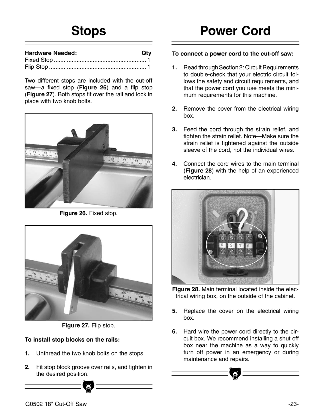 Grizzly G0502 manual 6WRSV3RZHU&RUG, LJXUHmZYhide# LJXUHaehide#,  JcigZVYiZild`cdWWdaihdciZhideh# 