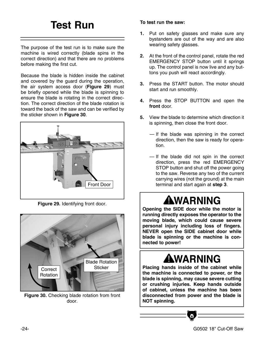 Grizzly G0502 manual 7HVW5XQ, 7RWHVWUXQWKHVDZ, QhfwhgWrSrzhu 