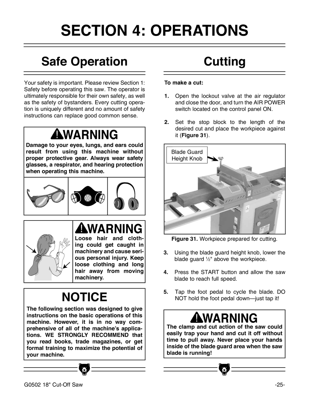 Grizzly G0502 manual 21235$7,216, 6DIH2SHUDWLRQ, Xwwlqj, 7RPDNHDFXW, EodghLvUxqqlqj 