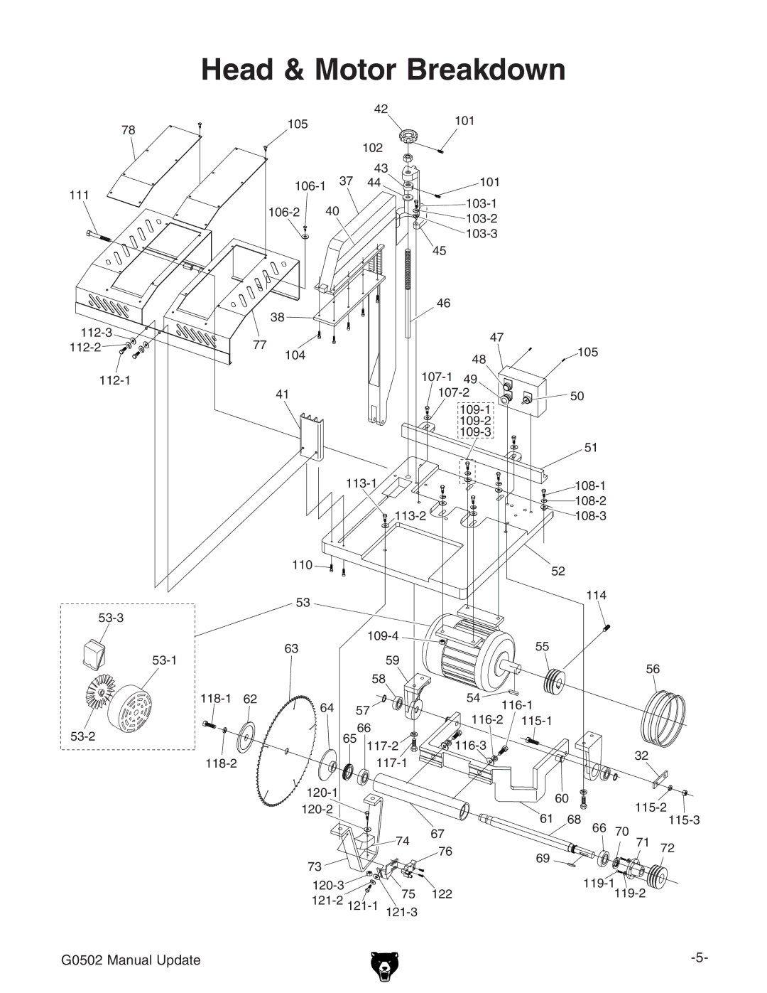 Grizzly G0502 manual Head & Motor Breakdown 