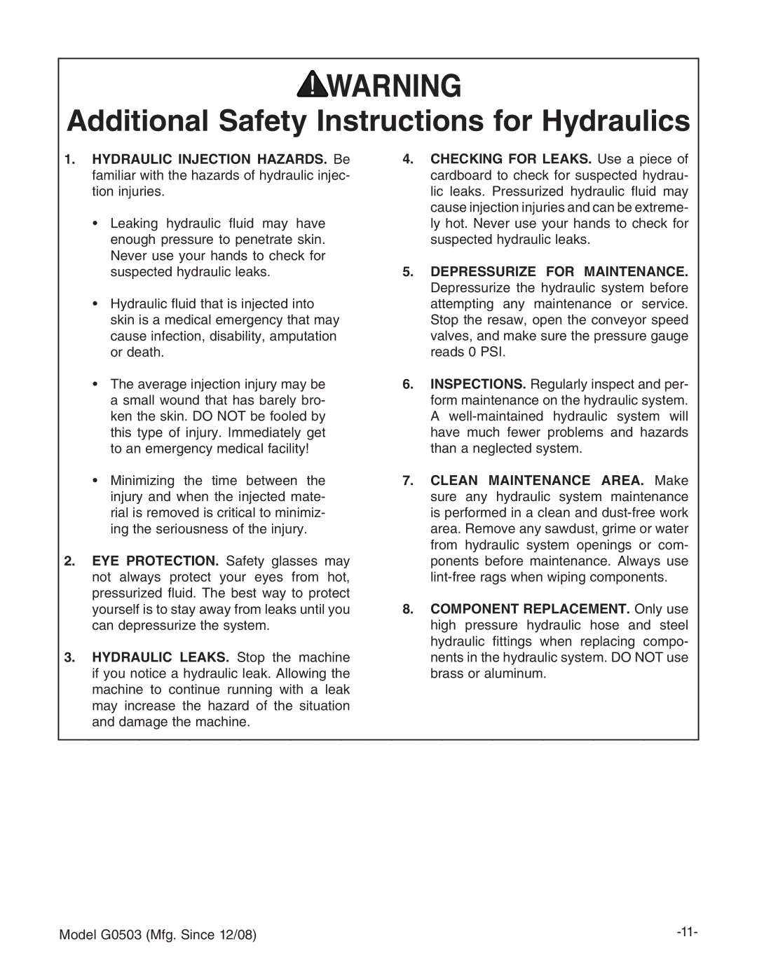 Grizzly G0503 instruction manual Additional Safety Instructions for Hydraulics, Depressurize for Maintenance 