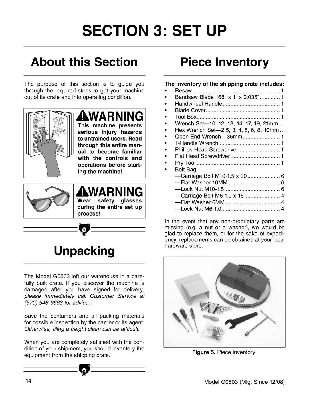 Grizzly G0503 Set Up, About this Section, Unpacking, Piece Inventory, Inventory of the shipping crate includes 