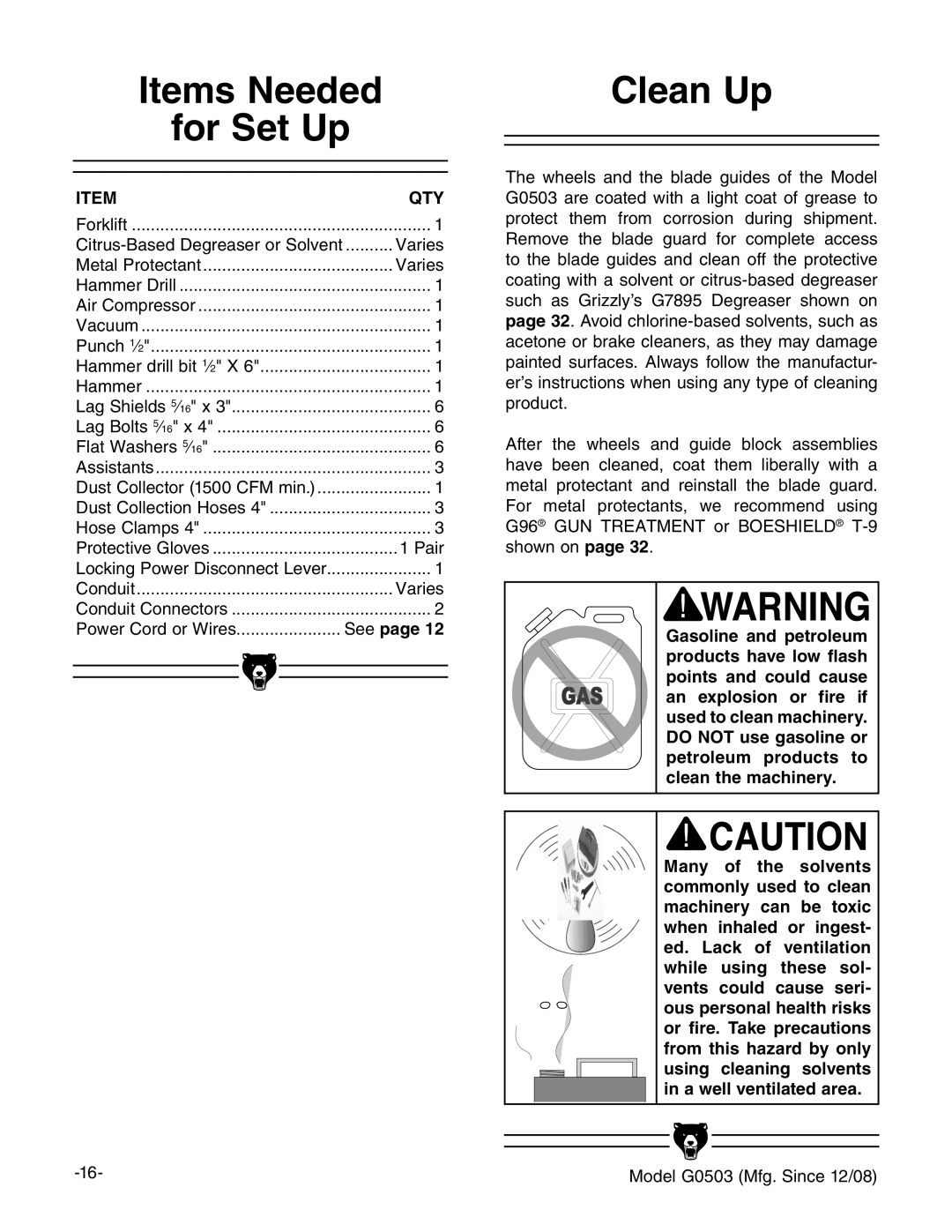 Grizzly G0503 instruction manual Items Needed, For Set Up, Clean Up, See 