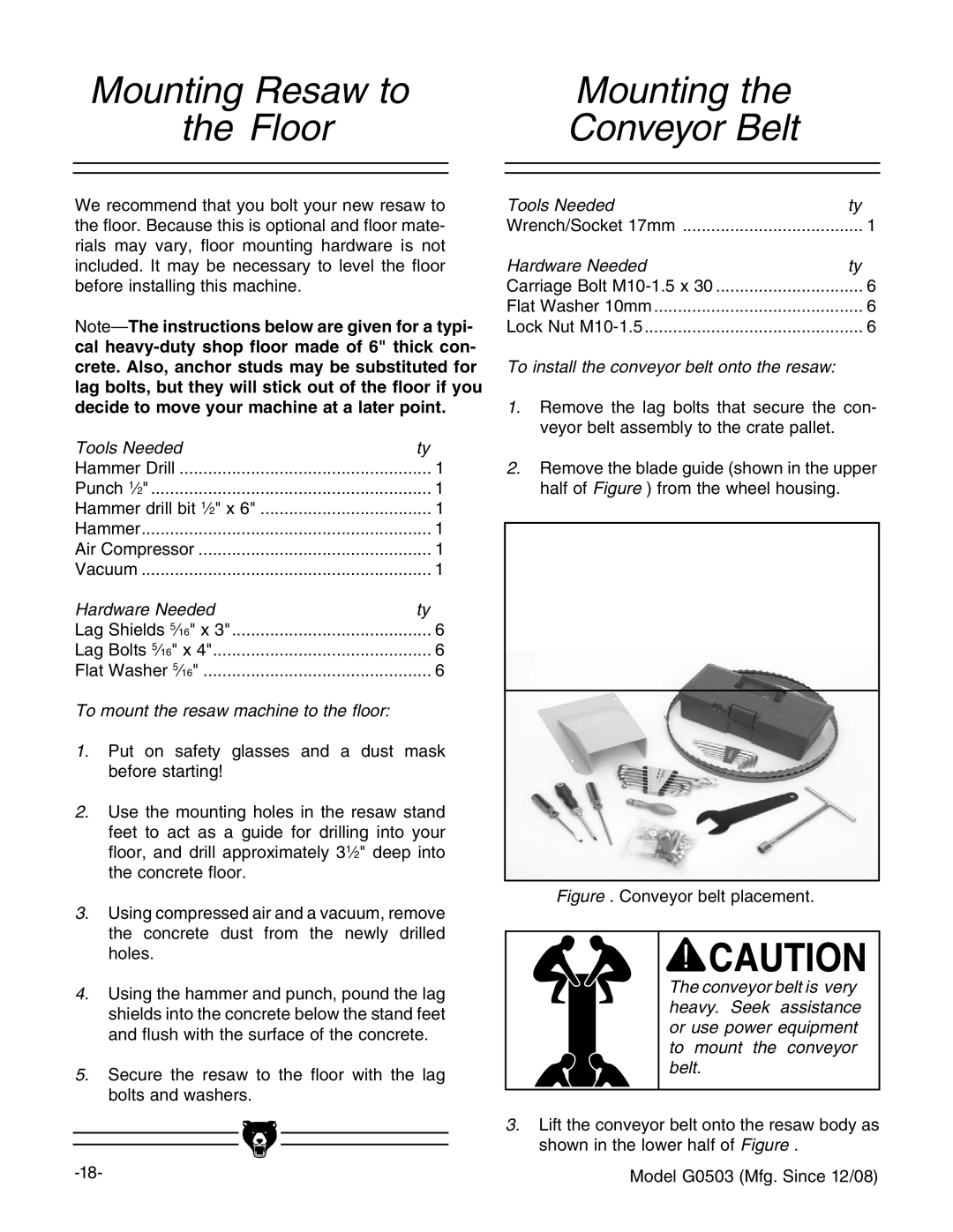 Grizzly G0503 instruction manual Mounting Resaw to Floor, Mounting Conveyor Belt 