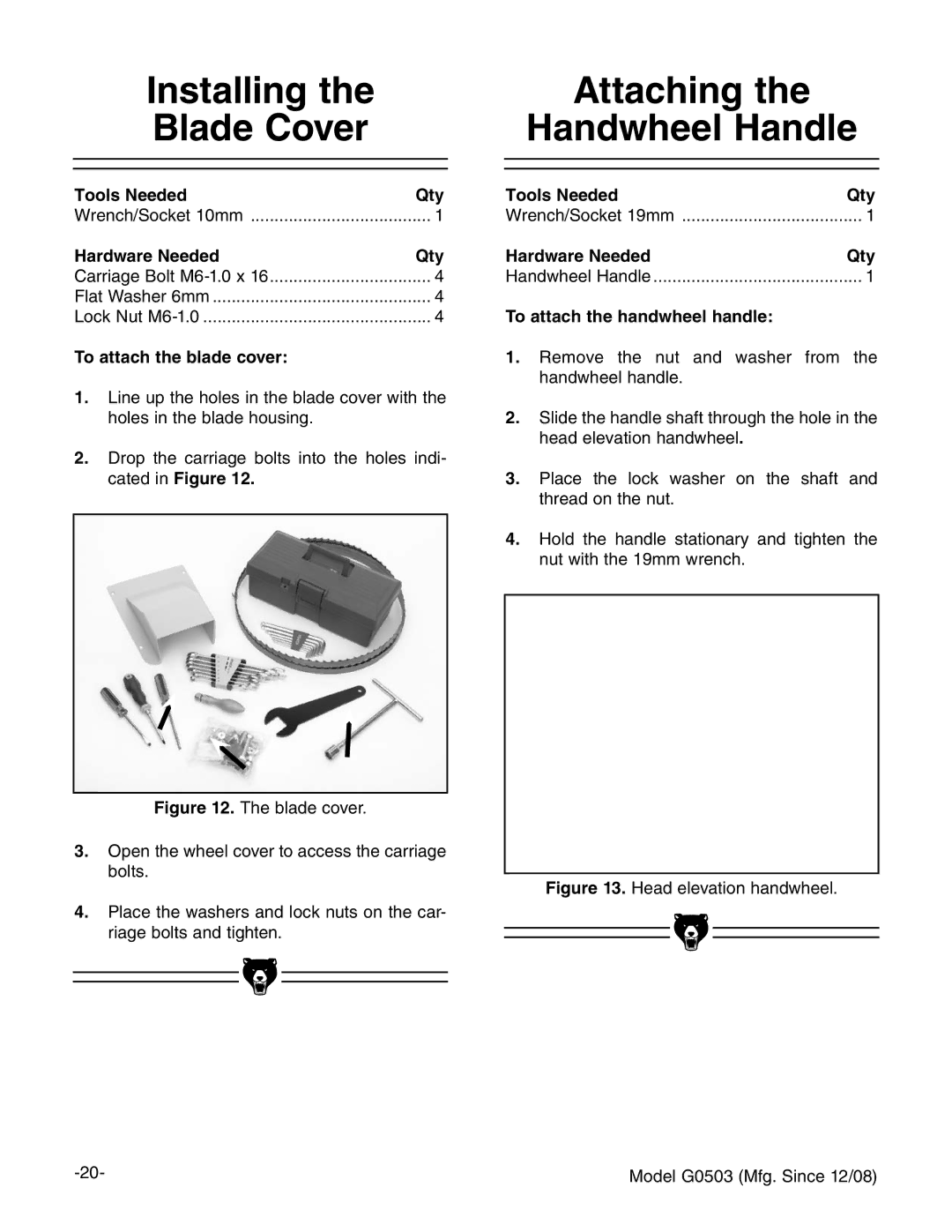 Grizzly G0503 instruction manual Installing Blade Cover, Attaching Handwheel Handle, To attach the blade cover 