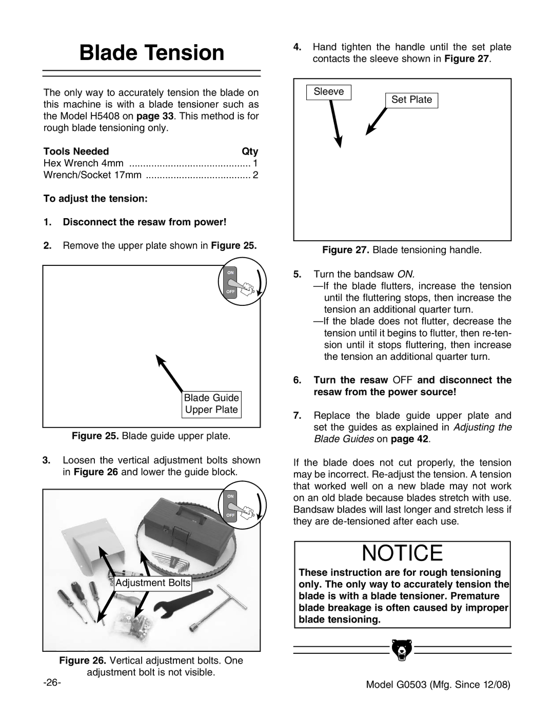 Grizzly G0503 instruction manual Blade Tension, To adjust the tension Disconnect the resaw from power 