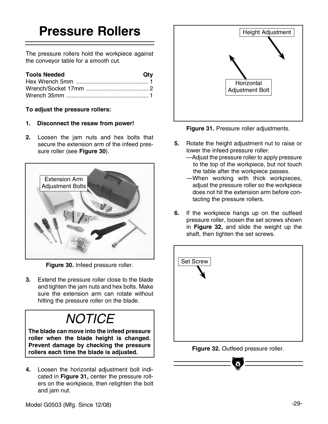 Grizzly G0503 instruction manual Pressure Rollers, Outfeed pressure roller 