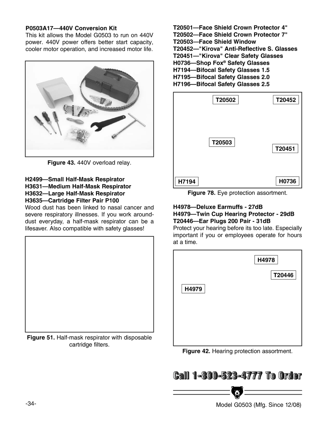 Grizzly G0503 instruction manual P0503A17-440V Conversion Kit, H4978 T20446 H4979 