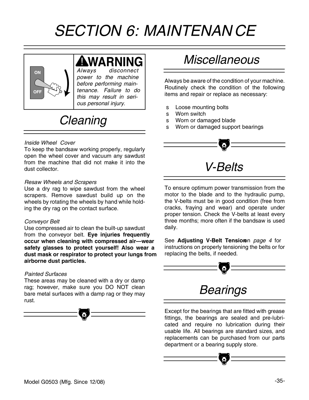 Grizzly G0503 instruction manual Maintenance, Cleaning, Miscellaneous, Belts, Bearings 