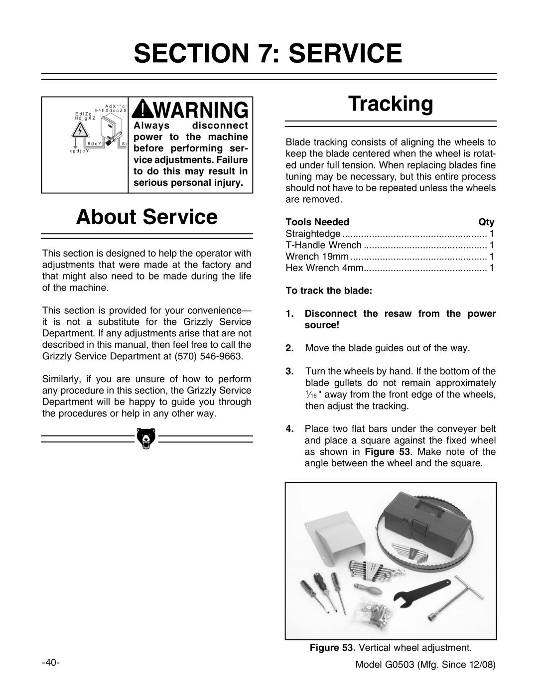 Grizzly G0503 instruction manual Tracking, About Service 