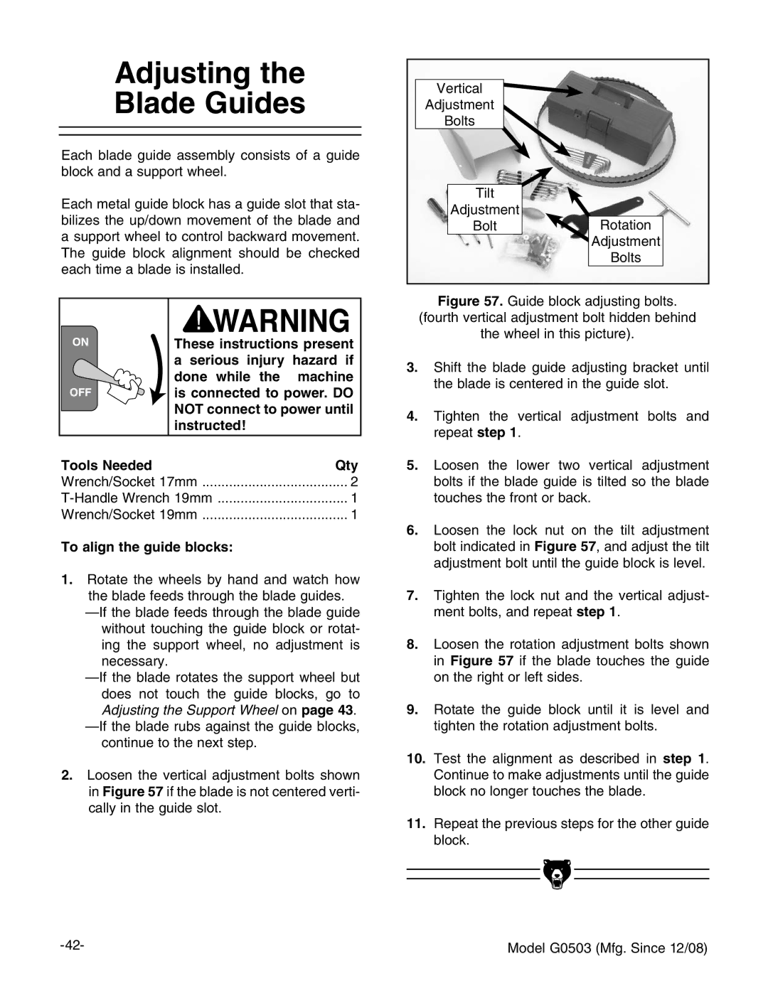 Grizzly G0503 instruction manual Adjusting Blade Guides, To align the guide blocks 