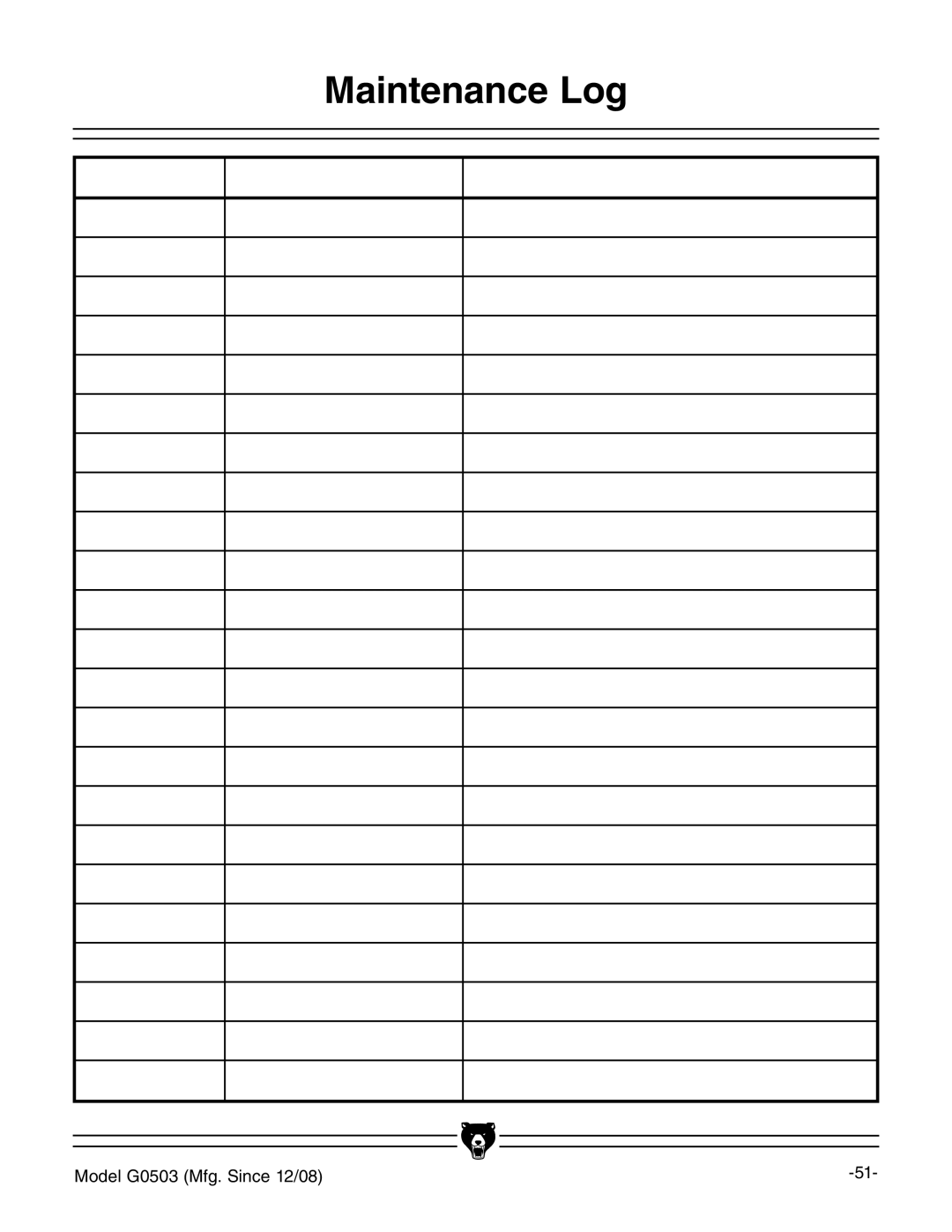 Grizzly G0503 instruction manual Maintenance Log, Date Approximate Hours Of Use Maintenance Performed 