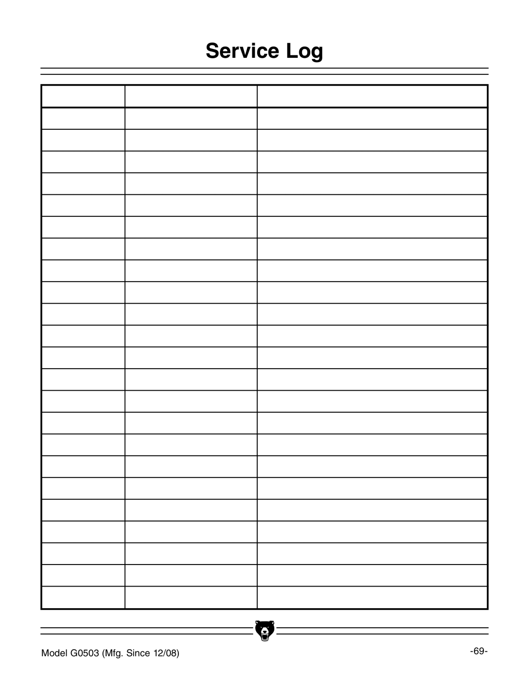 Grizzly G0503 instruction manual Service Log, Date Approximate Hours Of Use Maintenance Performed 