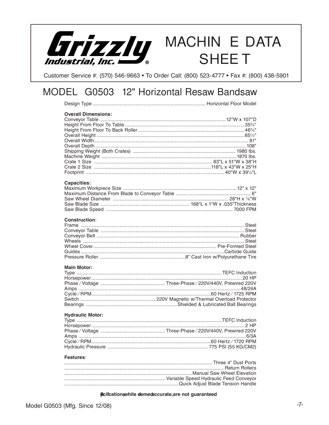 Grizzly G0503 instruction manual Machine Data 