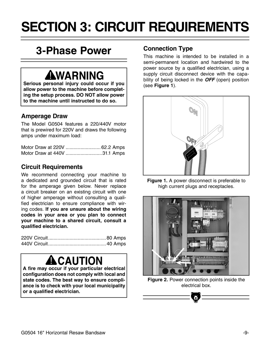 Grizzly G0504 owner manual Circuit Requirements, Phase Power 