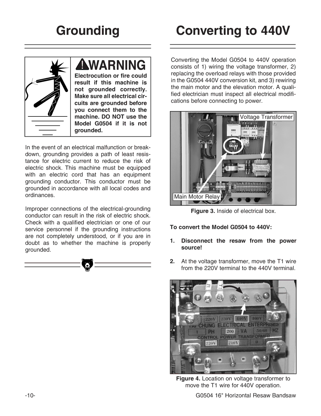 Grizzly G0504 owner manual Grounding Converting to, Inside of electrical box 