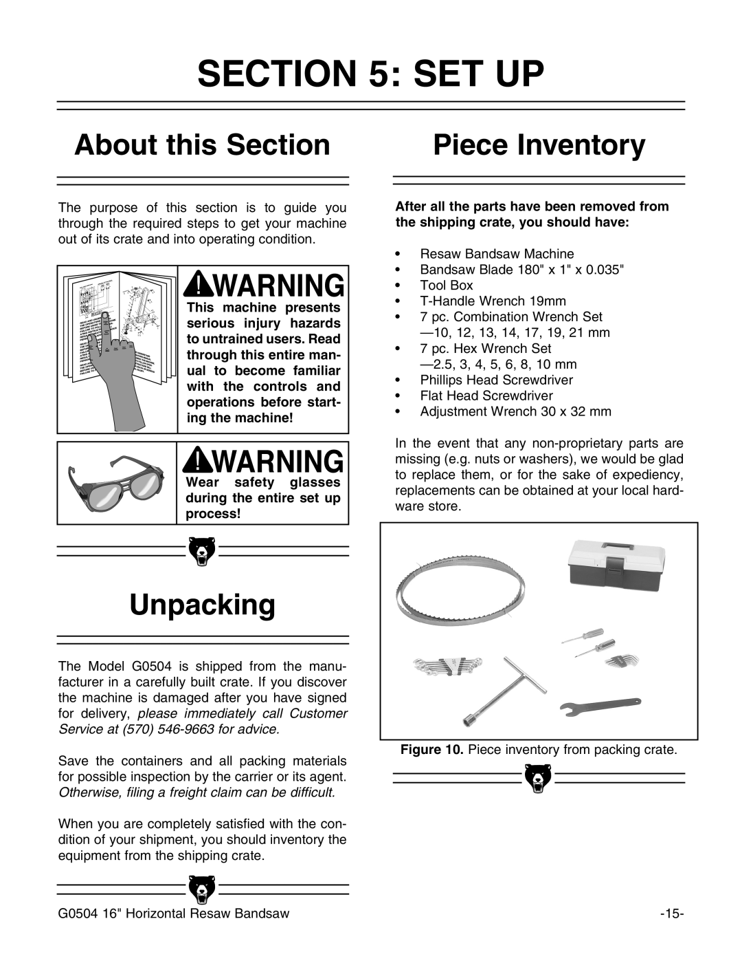 Grizzly G0504 owner manual Set Up, About this Section, Piece Inventory, Unpacking 