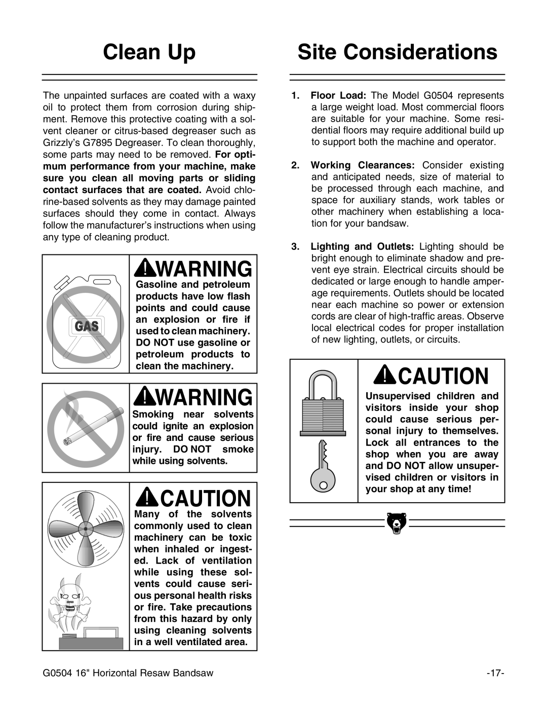 Grizzly G0504 owner manual Clean Up Site Considerations 