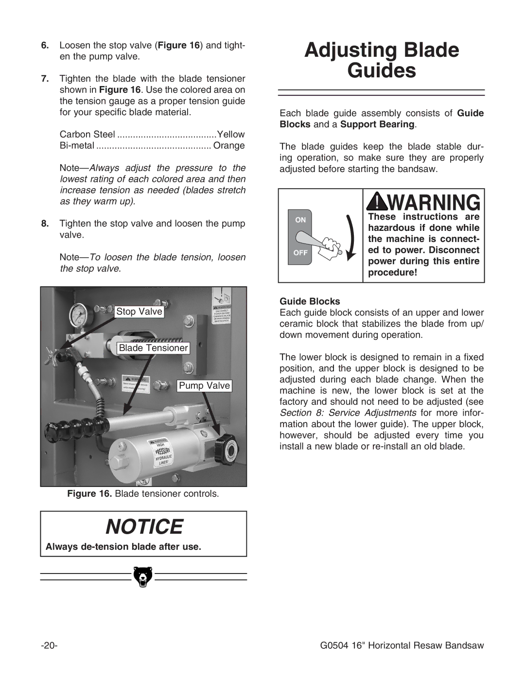 Grizzly G0504 owner manual Adjusting Blade Guides, Always de-tension blade after use 