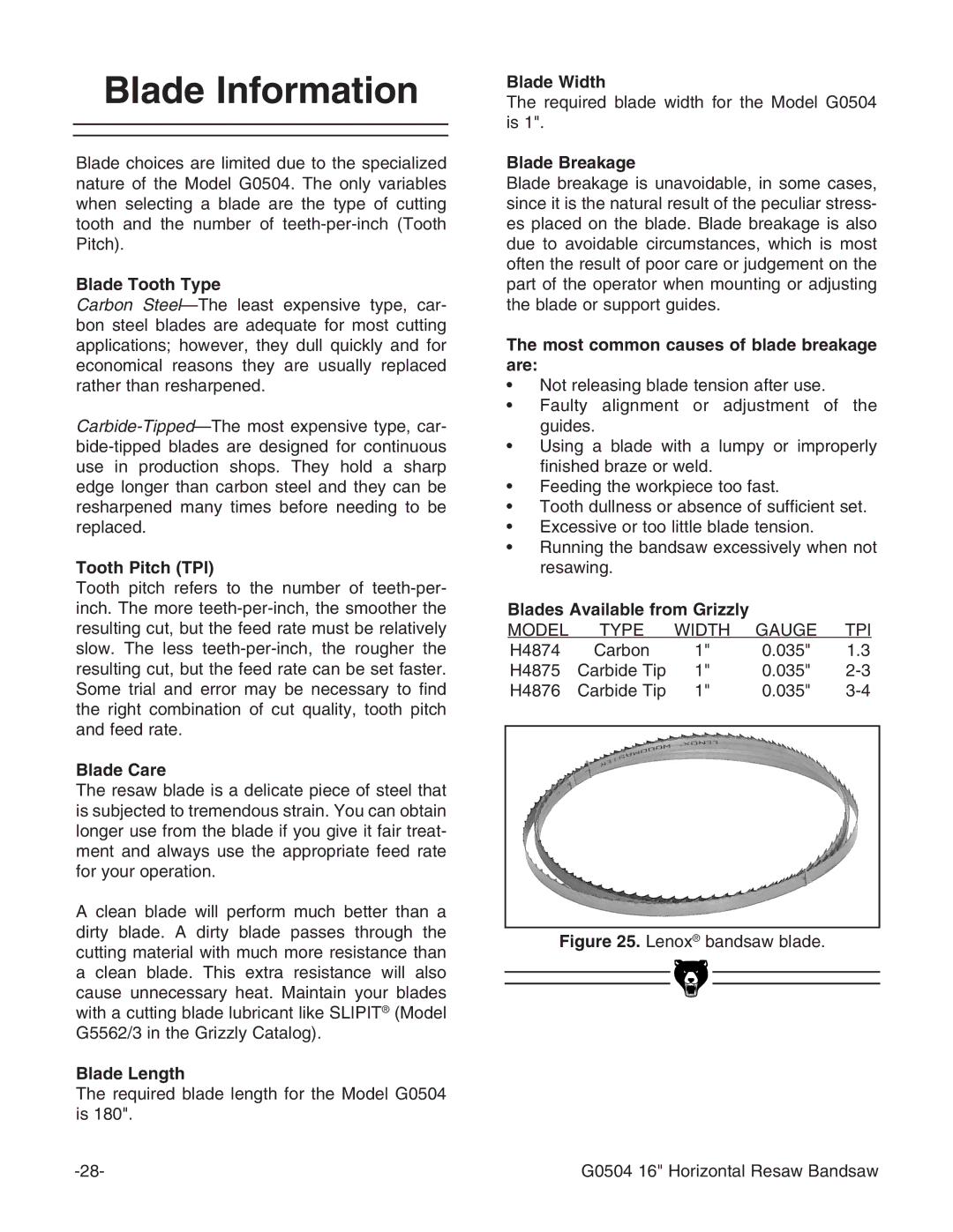 Grizzly G0504 owner manual Blade Information 