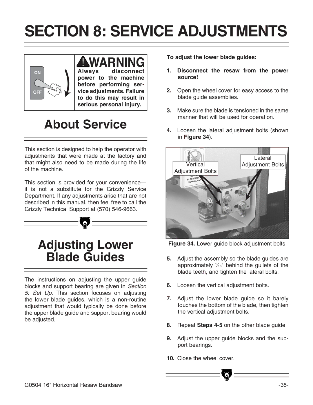 Grizzly G0504 owner manual Service Adjustments, About Service, Adjusting Lower Blade Guides 