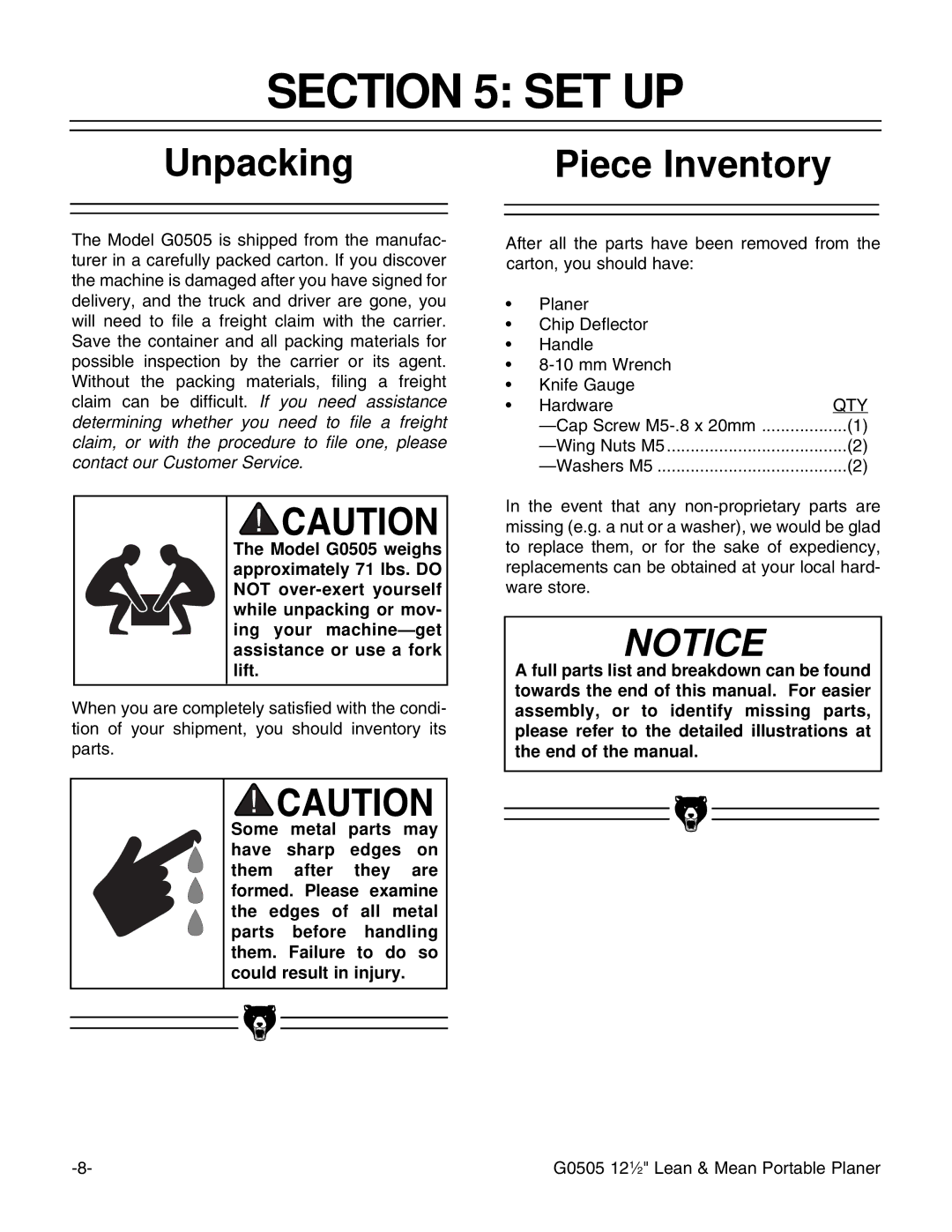 Grizzly G0505 instruction manual Set Up, Unpacking, Piece Inventory 