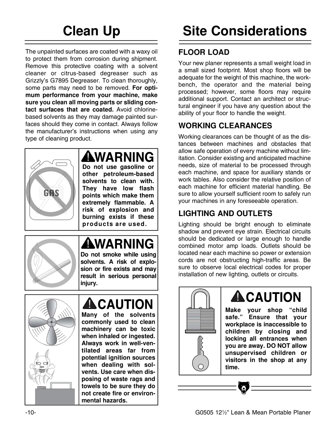 Grizzly G0505 instruction manual Clean Up, Site Considerations 