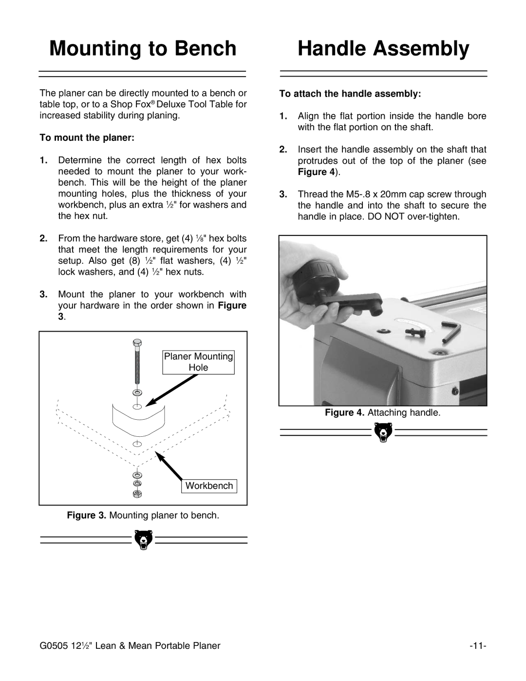 Grizzly G0505 instruction manual Mounting to Bench Handle Assembly, To mount the planer, To attach the handle assembly 