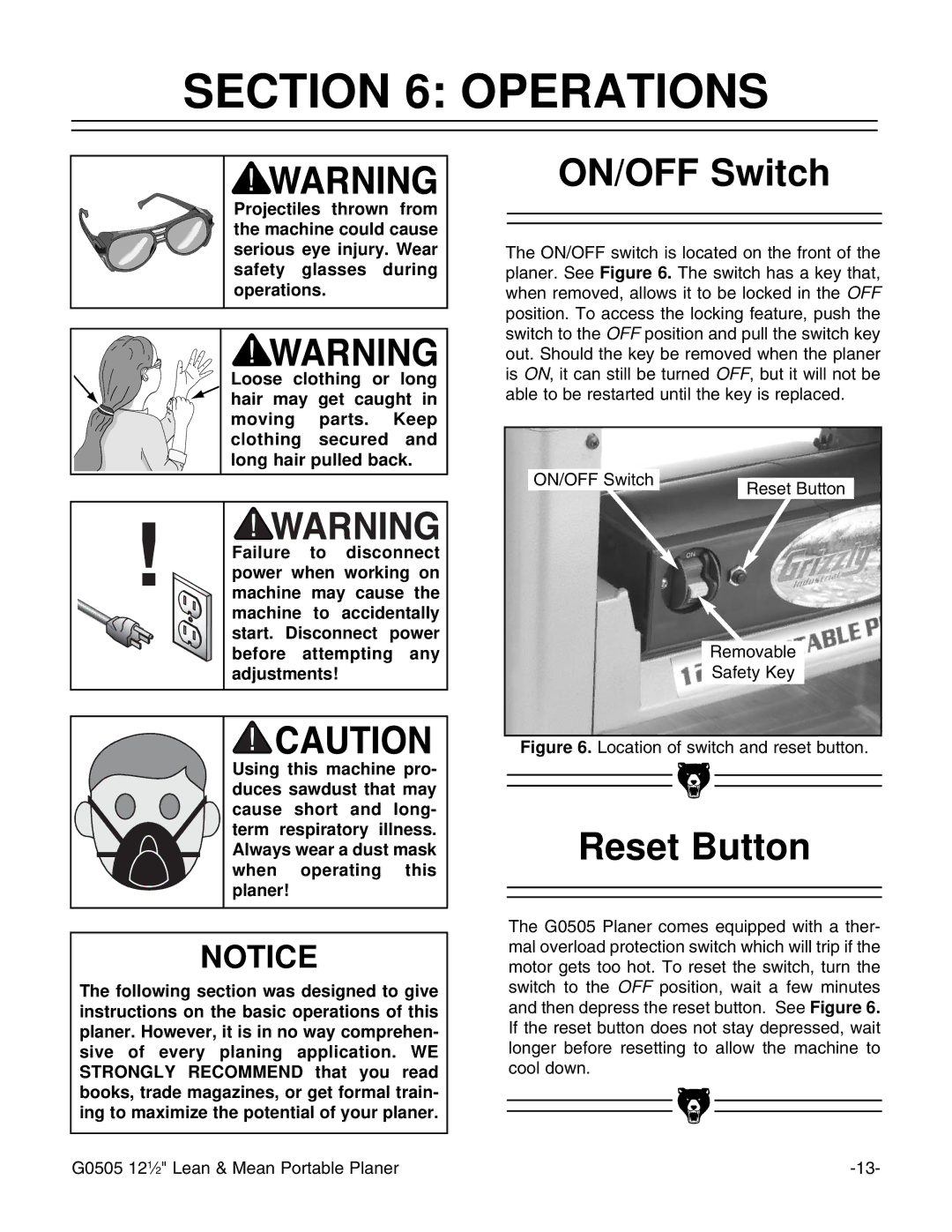 Grizzly G0505 instruction manual Operations, ON/OFF Switch, Reset Button 