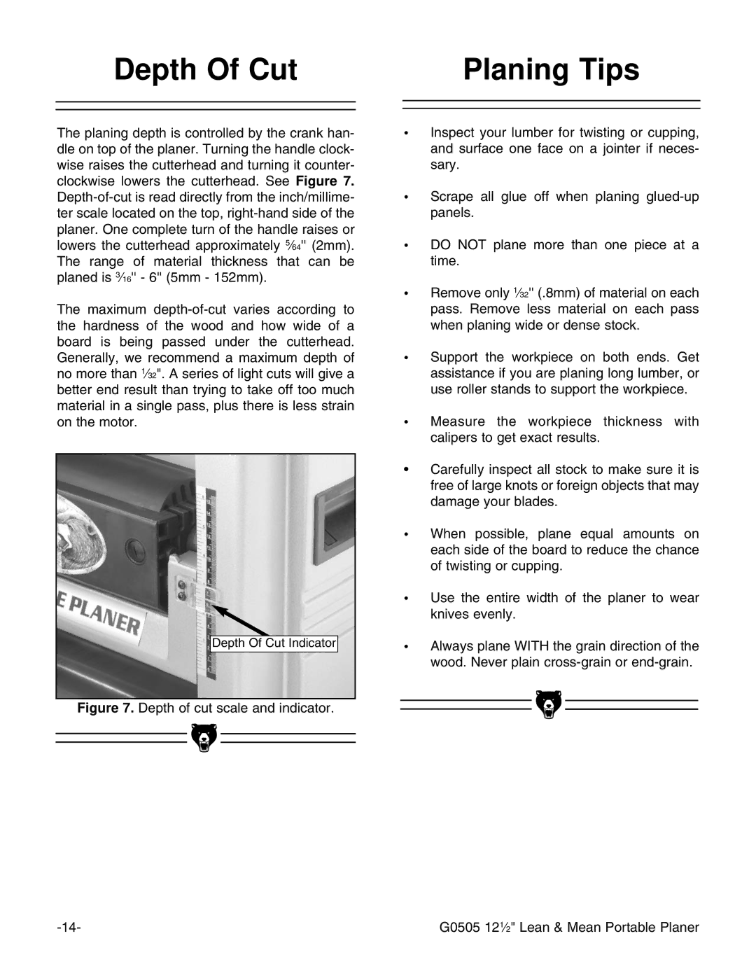 Grizzly G0505 instruction manual Depth Of Cut, Planing Tips 