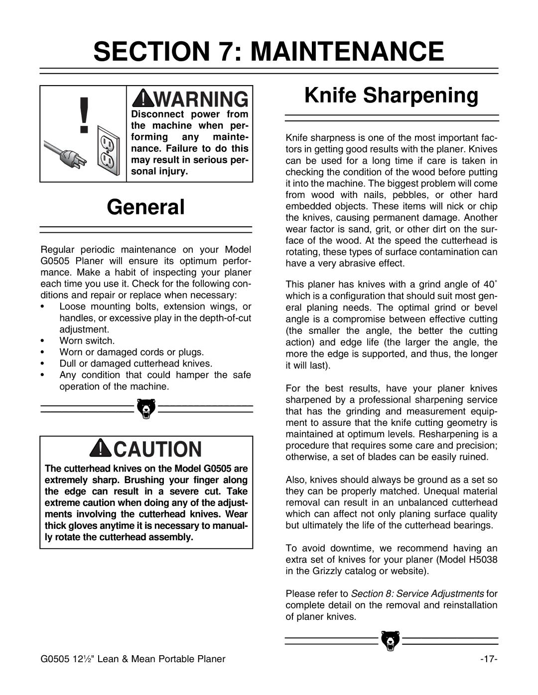 Grizzly G0505 instruction manual Maintenance, General, Knife Sharpening 