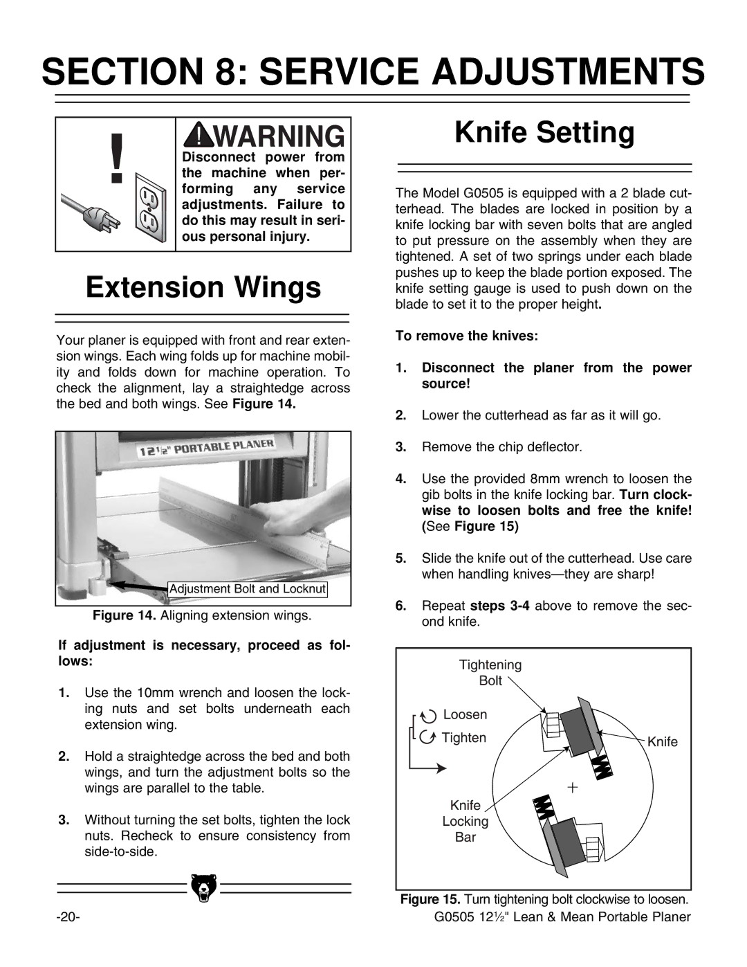 Grizzly G0505 Service Adjustments, Extension Wings, Knife Setting, If adjustment is necessary, proceed as fol- lows 